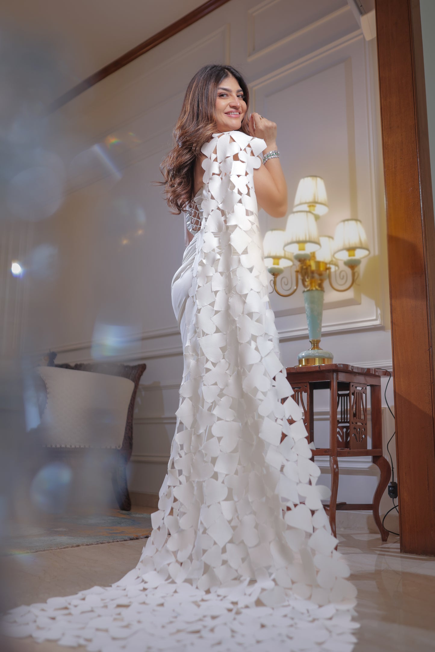 Khushnaz Turner in Blanc Georgia Set + Drape