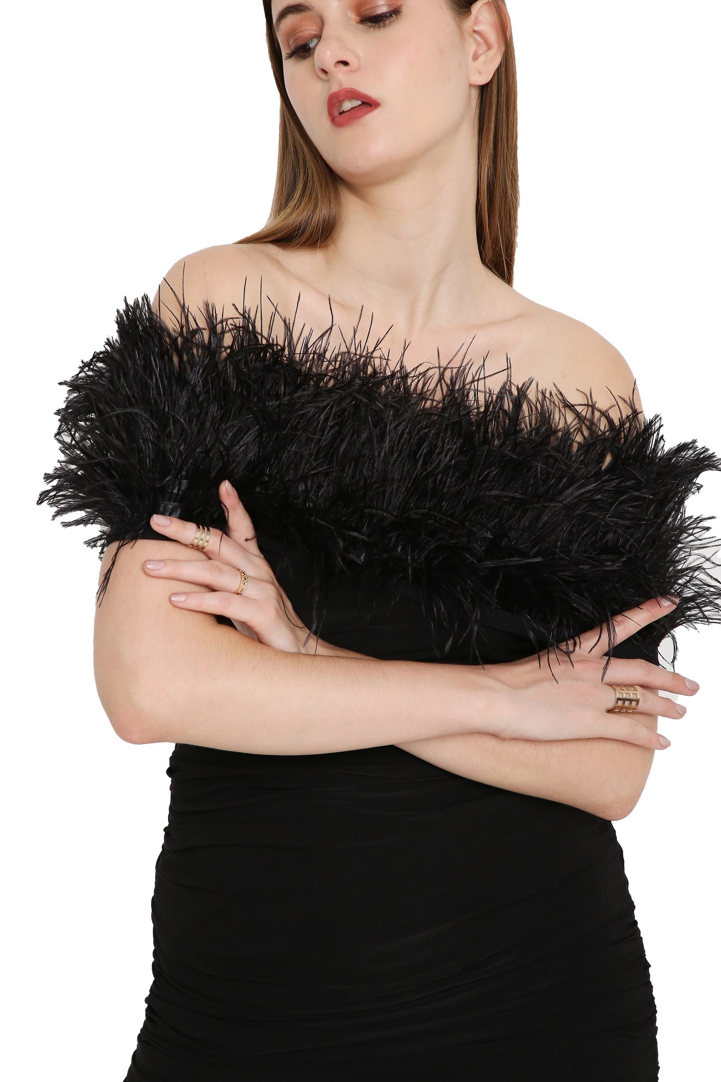 Off-shoulder feather wrap