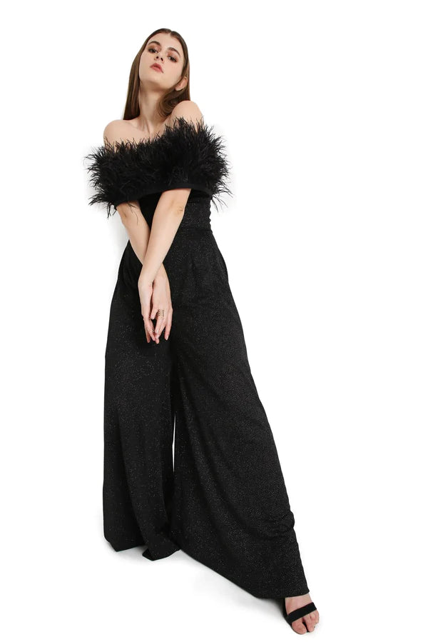 Off- shoulder feather overlay