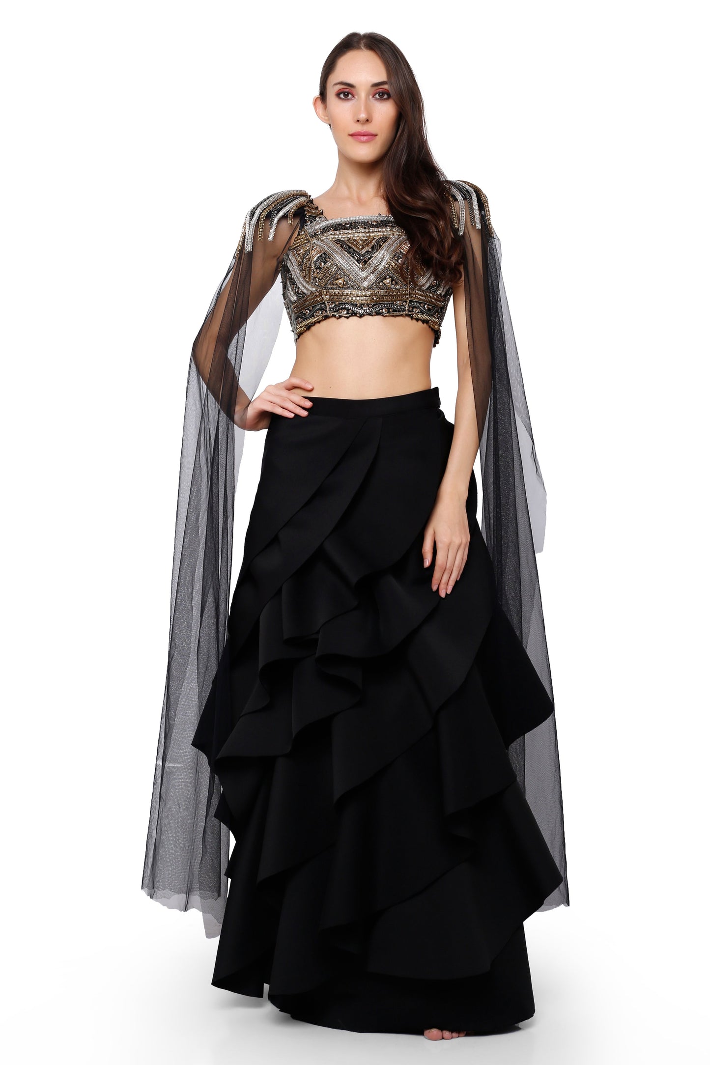 Metallic blouse with a frill lehenga