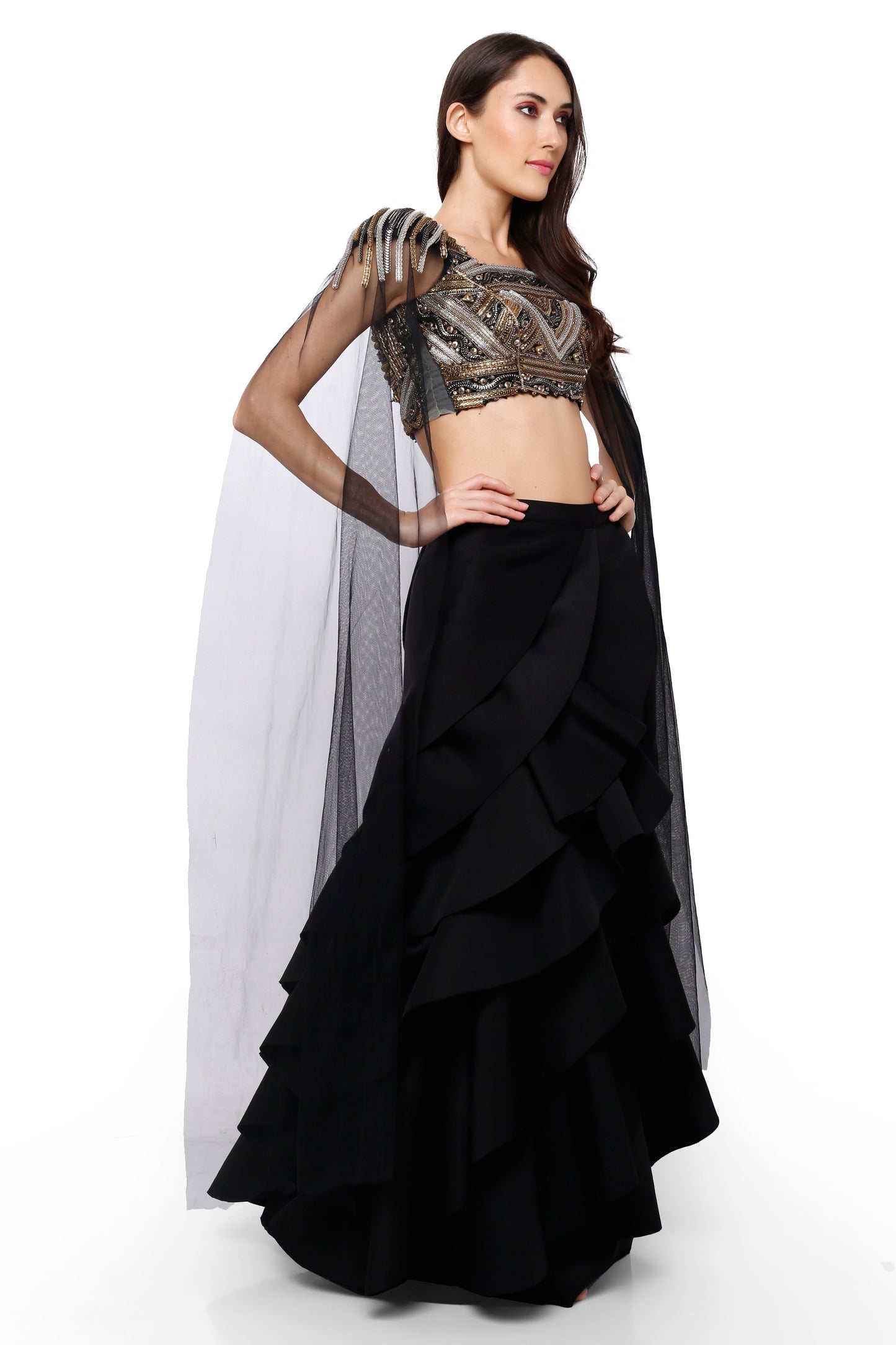 Metallic blouse with a frill lehenga